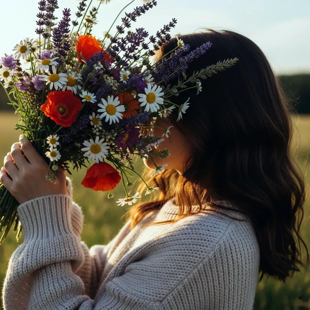 Girl Hiding Face with Flowers DP | Aesthetic Profile Picture with Wildflower Bouquet