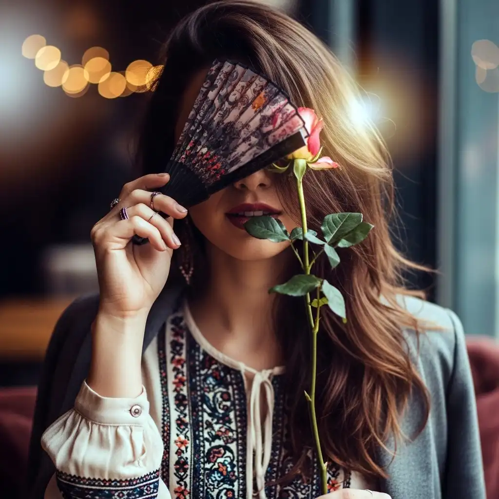 Stylish Girl Hiding Face with Rose & Fan | Artistic Profile Picture DP