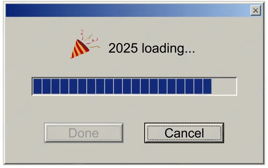 2025 loading notification message , Retro download bar and buttons, window design mockup with upload progress of New Year holiday