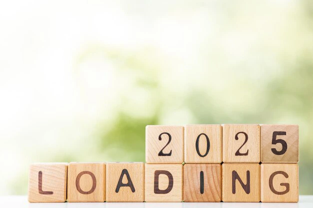 2025 new year loading with wood cube progress bar creative background