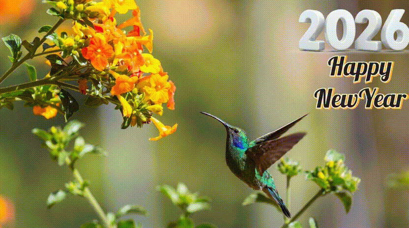 2026 Happy New Year Hummingbird Animation Vibrant Flowers Festive Greeting 2026 Happy New Year Hummingbird Animation Vibrant Flowers & Festive Greeting