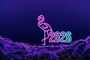 2026 Neon Flamingo Greeting – Retro Futuristic Grid Design with Pink and Blue Glow 2026 Neon Flamingo Greeting – Retro Futuristic Grid Design with Pink and Blue Glow
