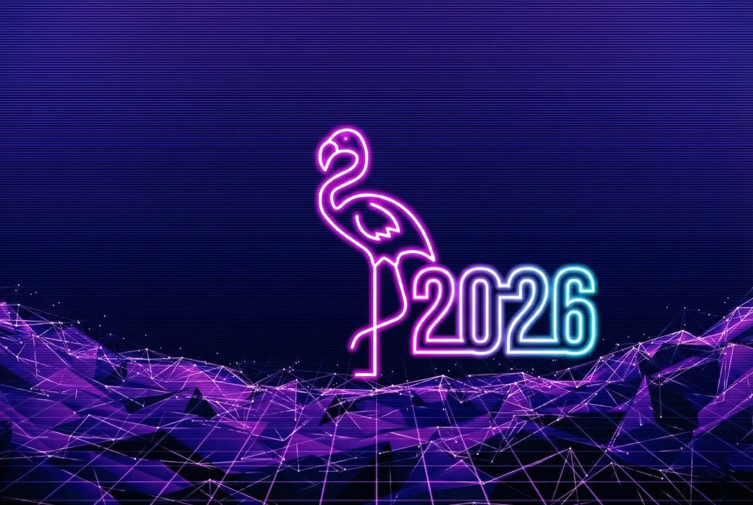 2026 Neon Flamingo Greeting – Retro Futuristic Grid Design with Pink and Blue Glow 2026 Neon Flamingo Greeting – Retro Futuristic Grid Design with Pink and Blue Glow