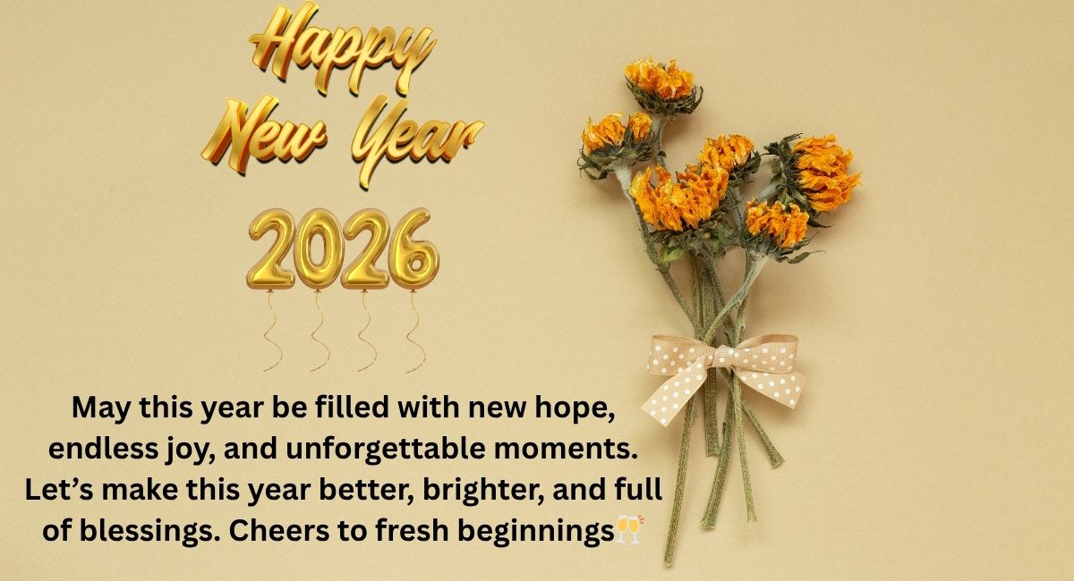 2026 New Year Wallpaper and E Card with Gold Text and Sunflowers Cheers to Fresh Beginnings Inspirational Quote Image for Instagram Facebook and WhatsApp Sharing 2026 New Year Wallpaper and E Card with Gold Text and Sunflowers 'Cheers to Fresh Beginnings' Inspirational Quote Image for Instagram, Facebook, and WhatsApp Sharing