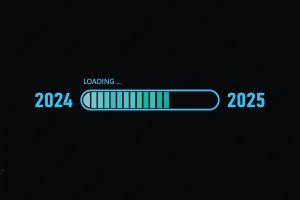 Blue loading bar from 2024 to 2025 on a black background New Year concept