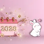 Cute Happy New Year 2026 3D Calendar Wallpaper with White Bunny, Gift Box, and Pink Aesthetic Background