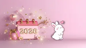 Cute Happy New Year 2026 3D Calendar Wallpaper with White Bunny, Gift Box, and Pink Aesthetic Background