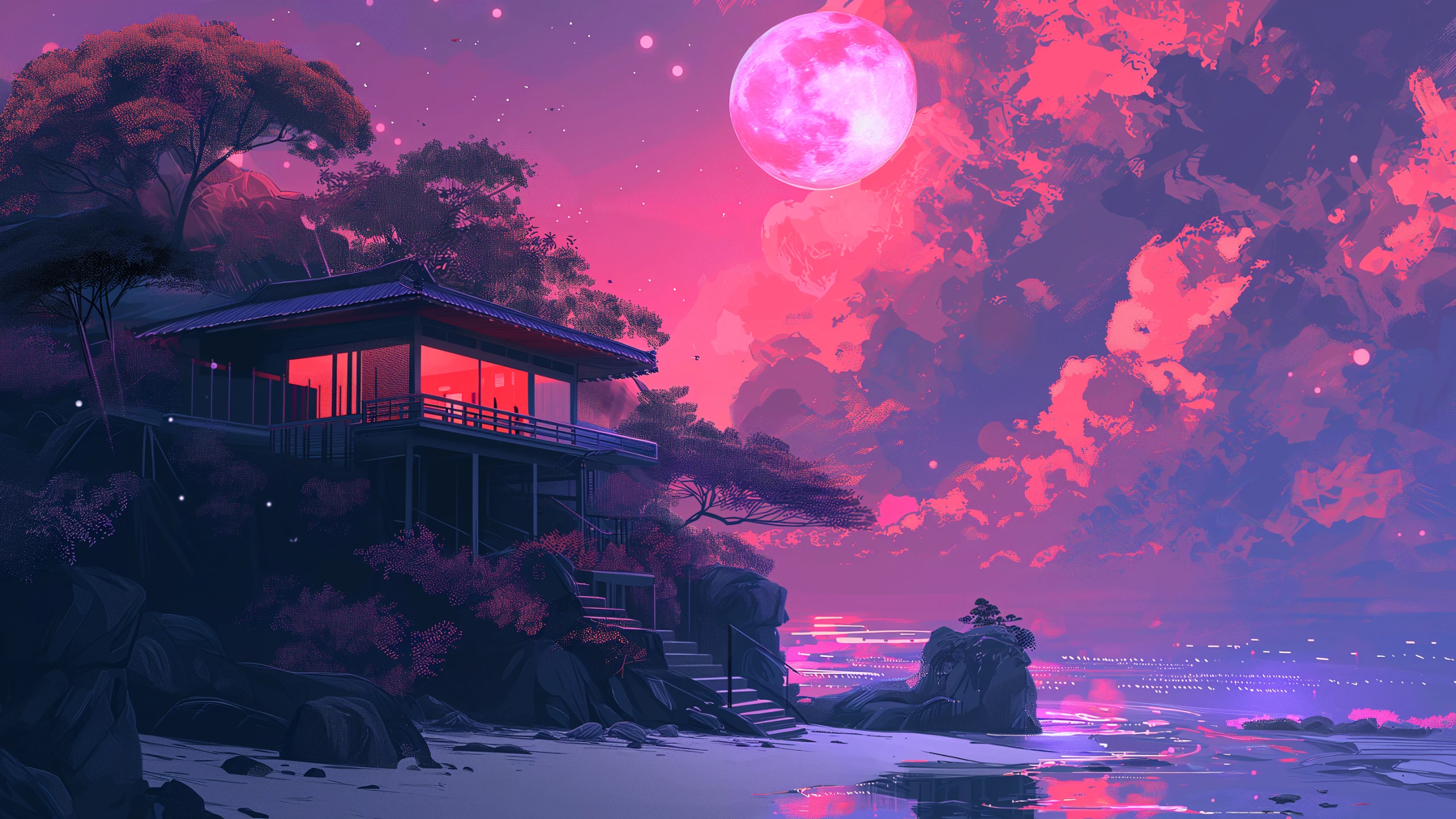 Dreamy Aesthetic Home Under Moonlight HD Wallpaper 2k