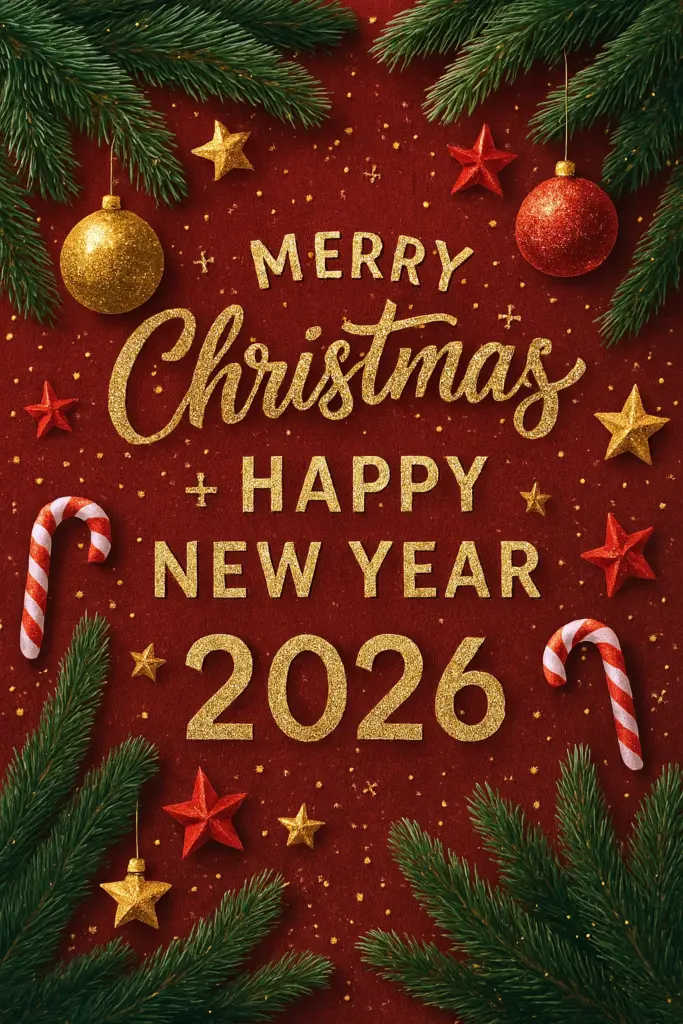 Festive Merry Christmas and Happy New Year 2026 wallpaper with gold glitter text red background pine branches ornaments stars and candy canes Festive Merry Christmas and Happy New Year 2026 wallpaper with gold glitter text, red background, pine branches, ornaments, stars, and candy canes.