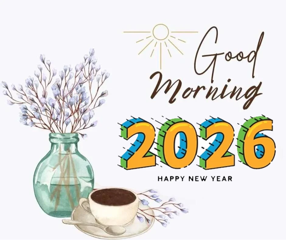 Good Morning Happy New Year 2026 image with a cup of tea flowaral design