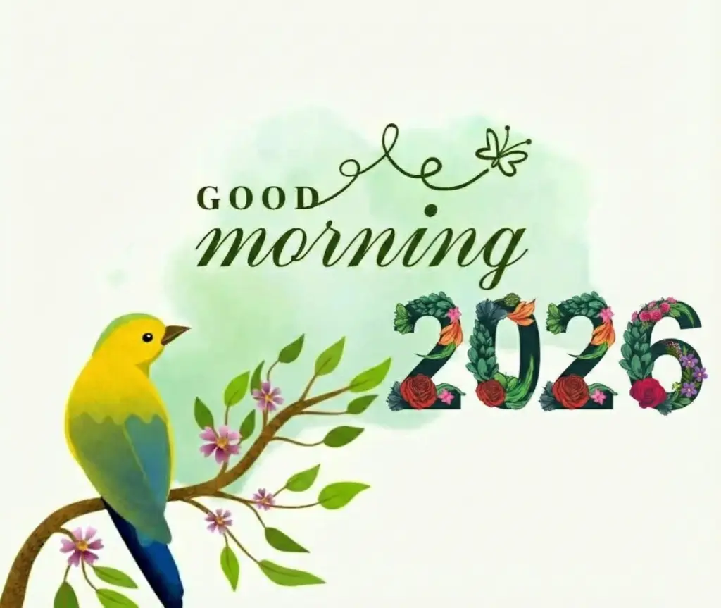 Good morning Happy New Year 2026 Images with morning bard and flower design
