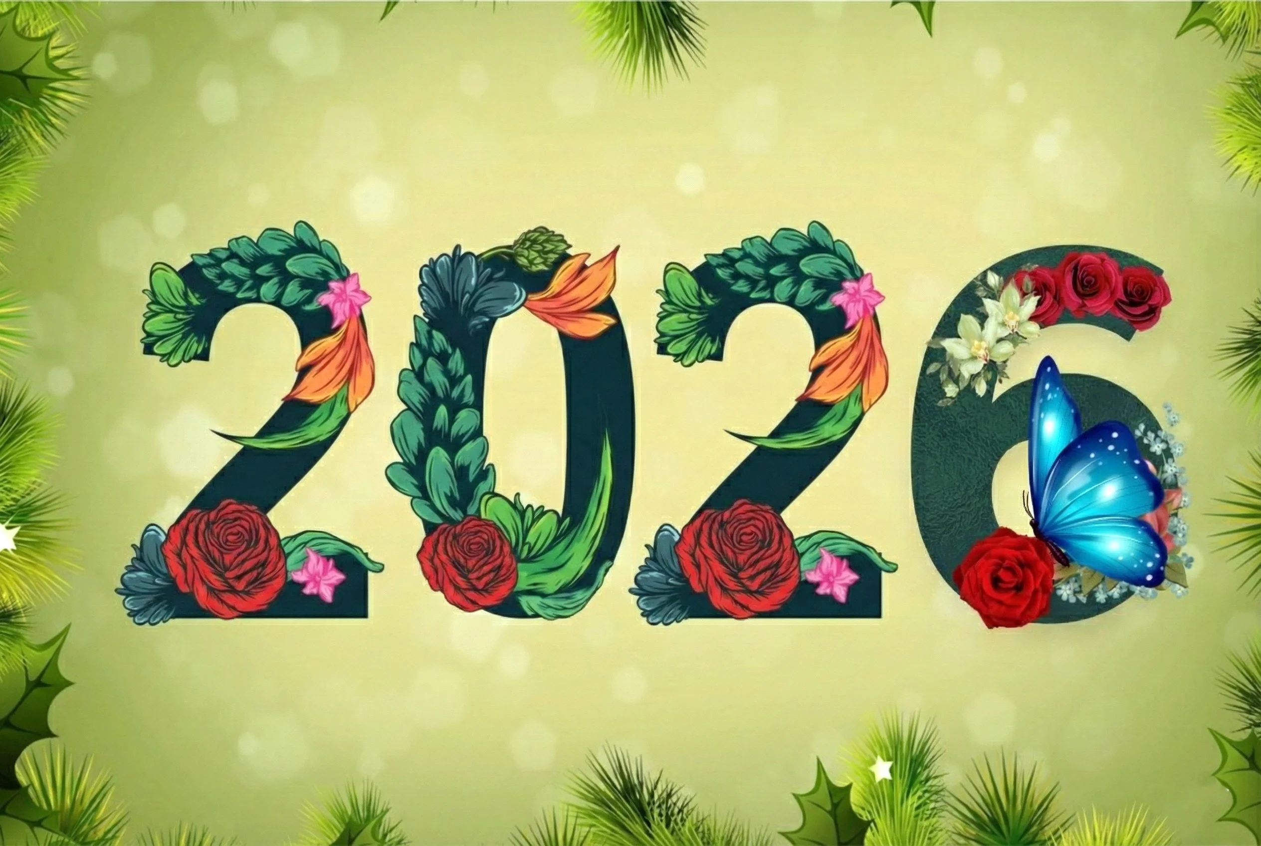HD image of Happy New Year 2026 in a decorative flower font HD image of “Happy New Year 2026” in a decorative flower font.