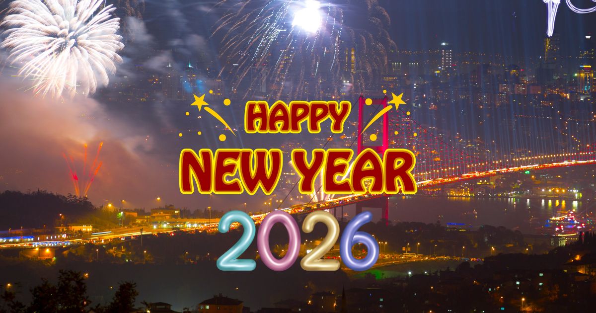 Happy New Year 2026 Cityscape Greeting – Fireworks Over Bridge with Colorful Celebration Happy New Year 2026 Cityscape Greeting – Fireworks Over Bridge with Colorful Celebration Text