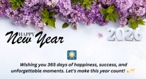 Happy New Year 2026 Floral Card – Purple Lilacs with Inspirational Message and 3D White Numbers Happy New Year 2026 Floral Card – Purple Lilacs with Inspirational Message and 3D White Numbers