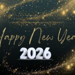 Happy New Year 2026 Greeting Card – Gold Script Text with Sparkling Black Background Happy New Year 2026 Greeting Card – Gold Script Text with Sparkling Black Background