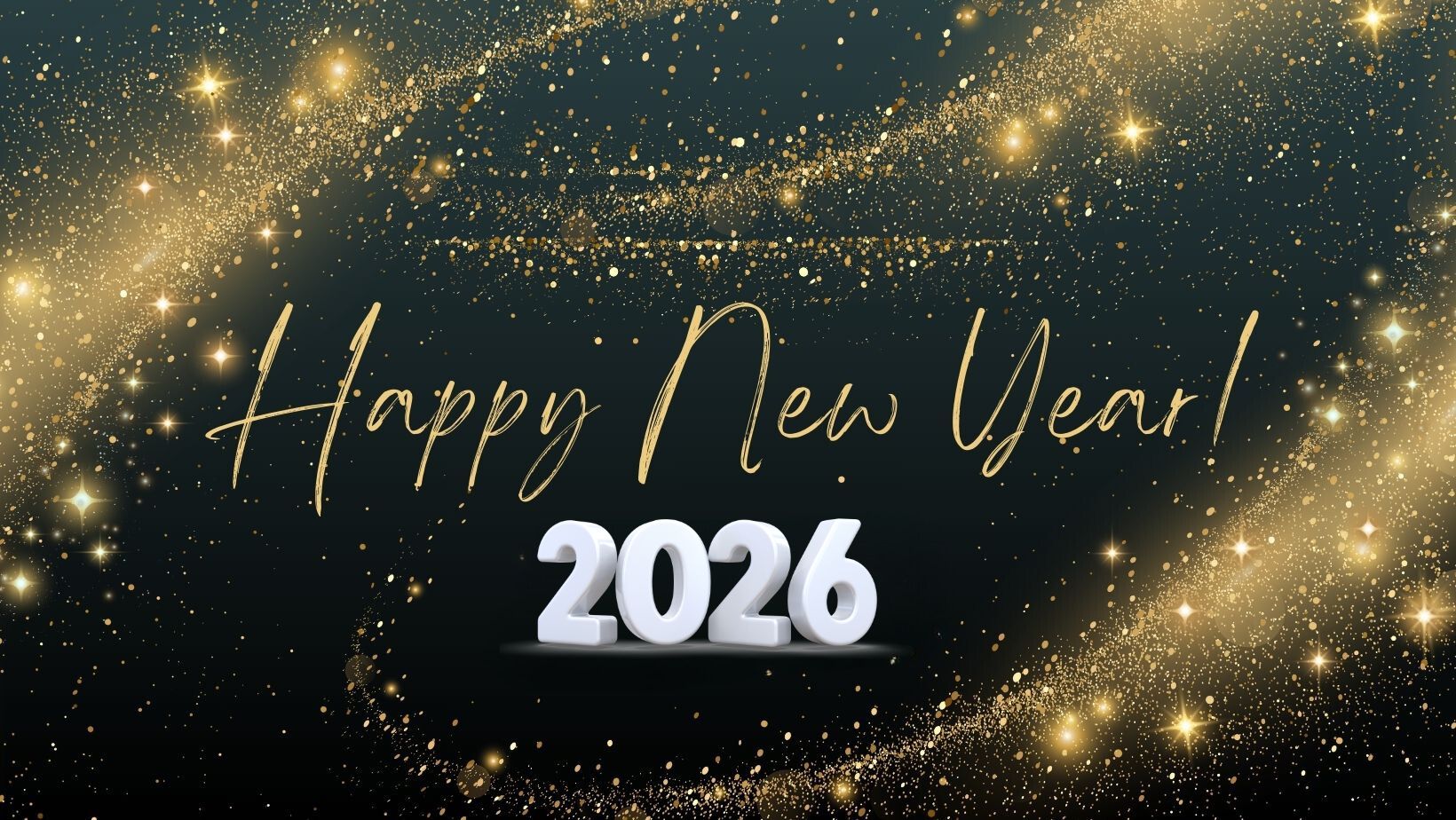 Happy New Year 2026 Greeting Card – Gold Script Text with Sparkling Black Background Happy New Year 2026 Greeting Card – Gold Script Text with Sparkling Black Background