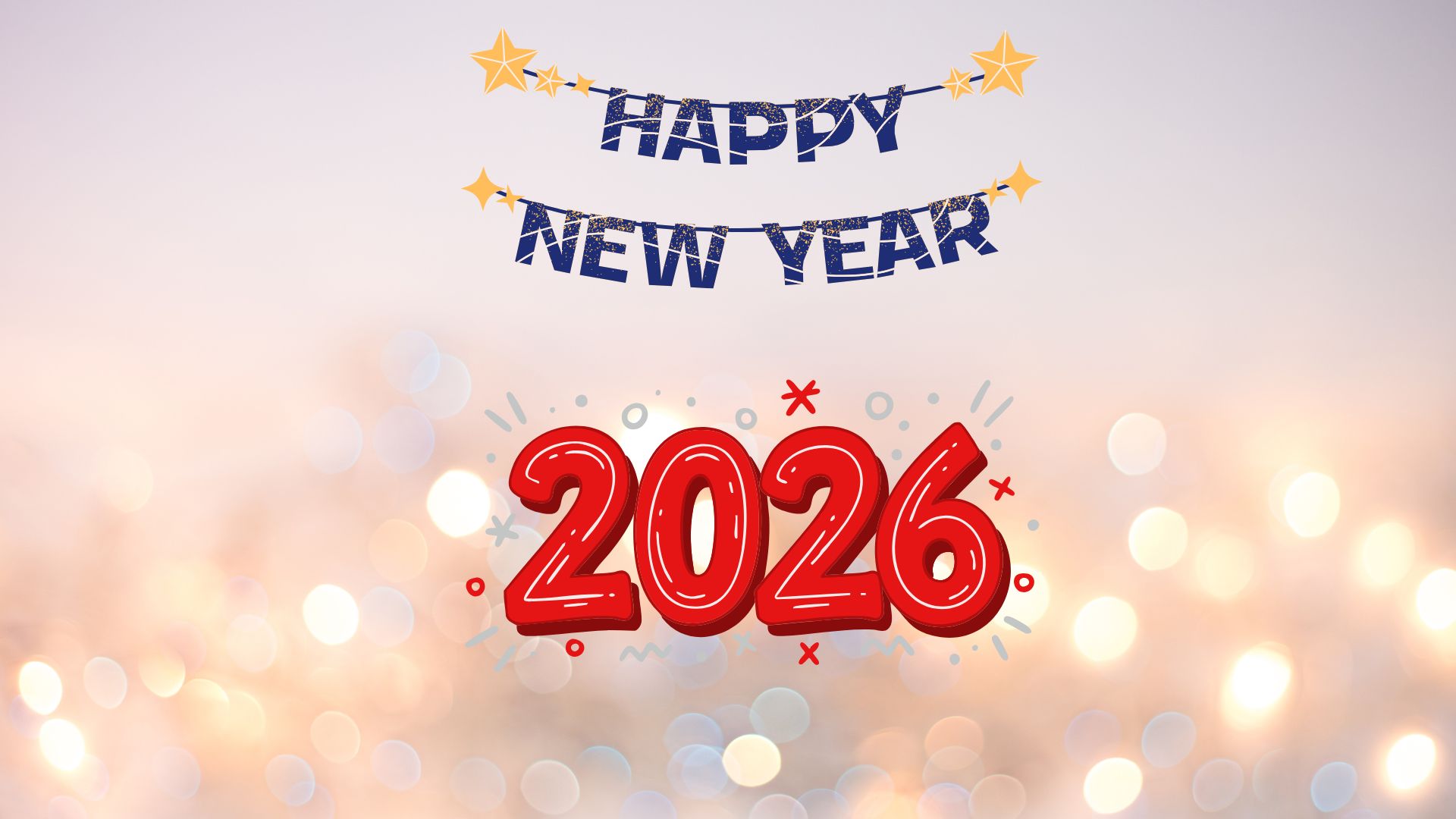 Happy New Year 2026 Greeting Card – Red 3D Numbers with Gold Stars on Soft Bokeh Background Happy New Year 2026 Greeting Card – Red 3D Numbers with Gold Stars on Soft Bokeh Background