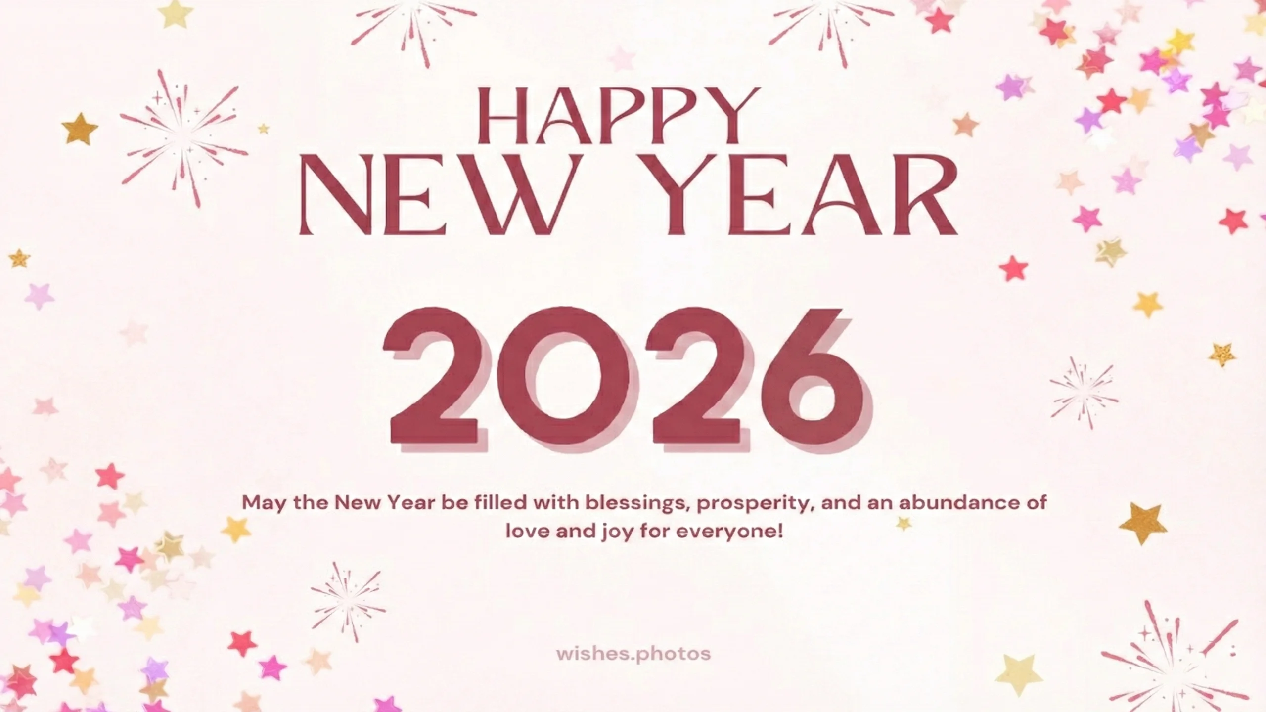 Happy New Year 2026 Greeting – Colorful Confetti and Fireworks on Light Pink Background with Blessing Message 1 Happy New Year 2026 Greeting – Colorful Confetti and Fireworks on Light Pink Background with Blessing Message