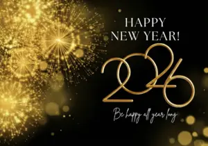 Happy New Year 2026 Greeting – Golden Fireworks and Script Text on Black Background Happy New Year 2026 Greeting – Golden Fireworks and Script Text on Black Background