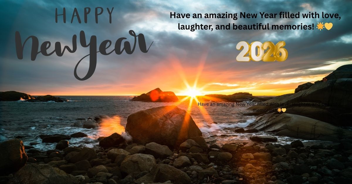 Happy New Year 2026 Sunset Greeting – Coastal Landscape with Inspirational Message Happy New Year 2026 Sunset Greeting – Coastal Landscape with Inspirational Message