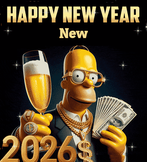 Homer Simpson Rings in 2026 Funny New Year's Greeting Card with Champagne & Cash Wishes