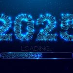 New year 2025 loading. Loading bar. Low poly style design. Numbers from a polygonal wireframe mesh. Abstract vector illustration on dark background