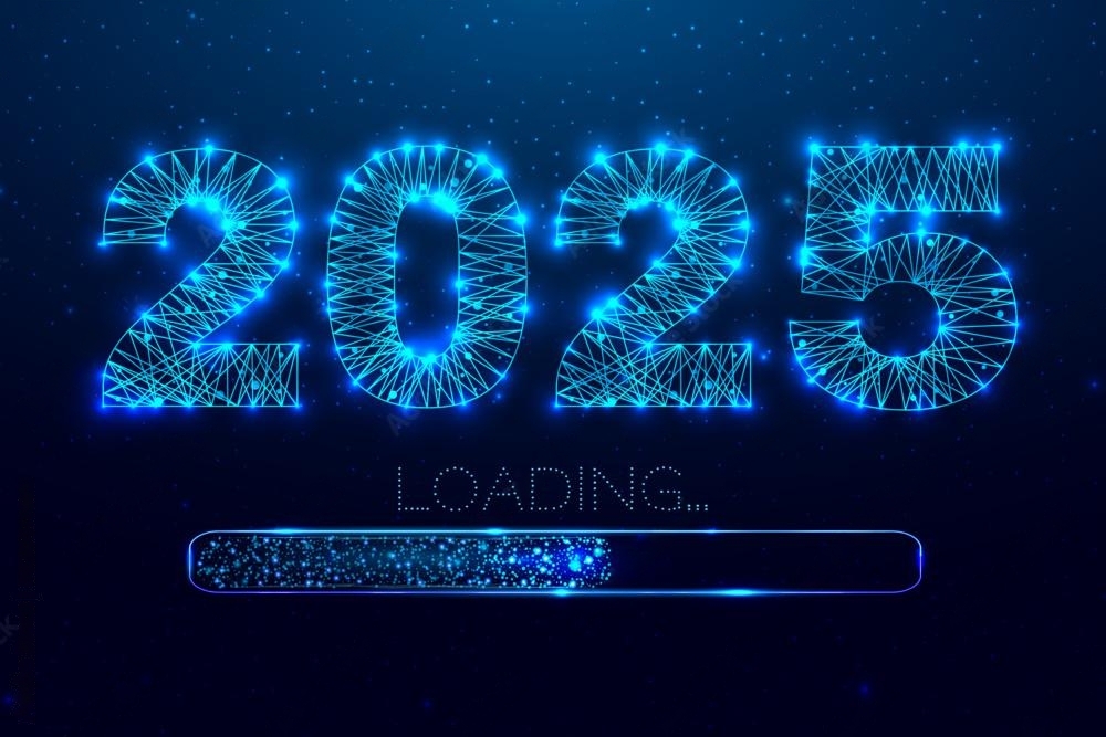 New year 2025 loading. Loading bar. Low poly style design. Numbers from a polygonal wireframe mesh. Abstract vector illustration on dark background