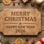 Rustic Holiday Flat Lay Scene featuring a Carved Wooden Merry Christmas Happy New Year 2026 Sign Surrounded by Kraft Paper Gifts Natural Decorations Hot Chocolate and Candlelight on a Wooden Table Rustic Holiday Flat Lay Scene featuring a Carved Wooden Merry Christmas & Happy New Year 2026 Sign, Surrounded by Kraft Paper Gifts, Natural Decorations, Hot Chocolate, and Candlelight on a Wooden Table.