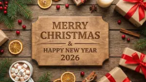 Rustic Holiday Flat Lay Scene featuring a Carved Wooden Merry Christmas & Happy New Year 2026 Sign, Surrounded by Kraft Paper Gifts, Natural Decorations, Hot Chocolate, and Candlelight on a Wooden Table.