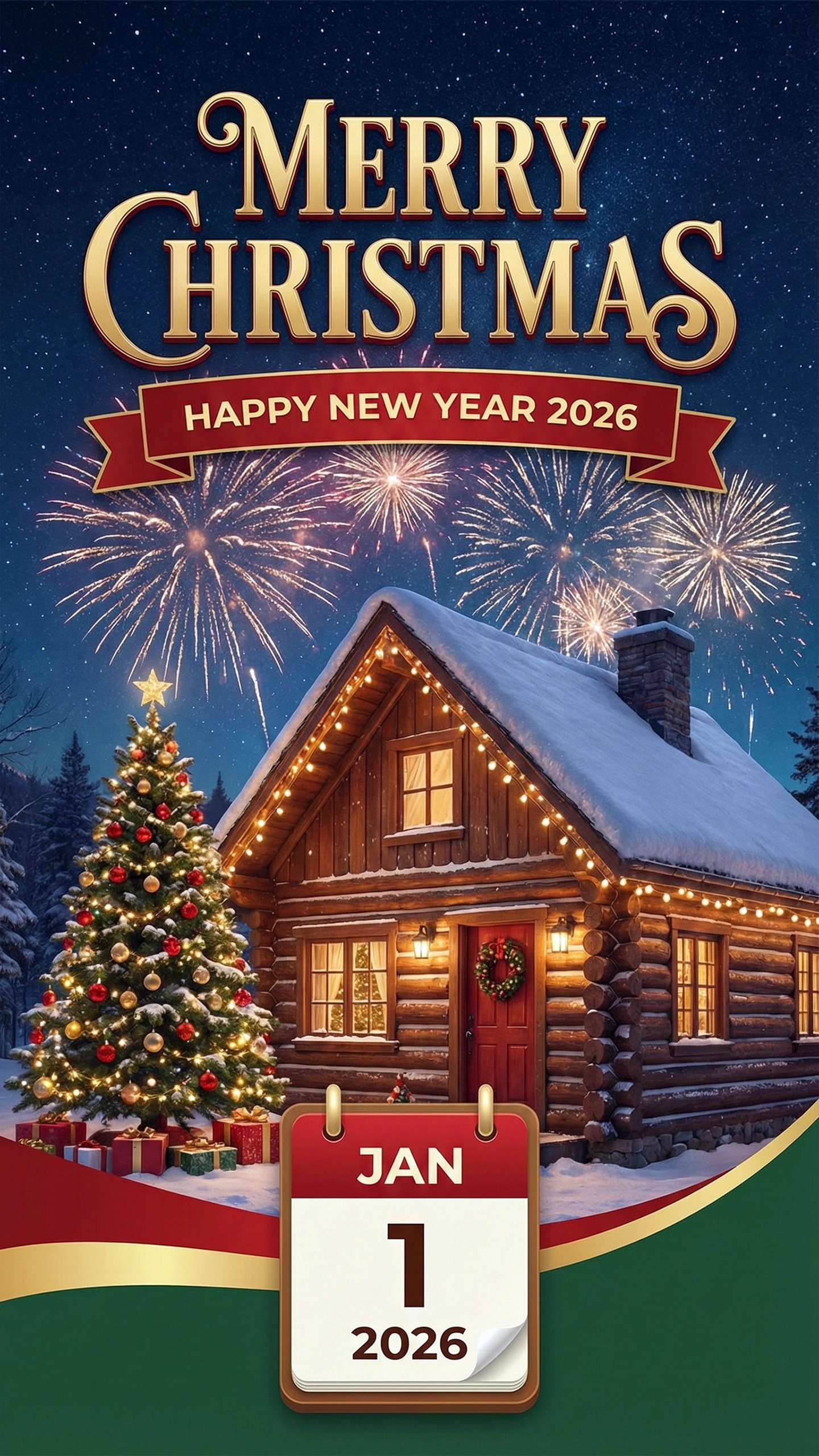Vertical Christmas and New Year 2026 wallpaper for social media featuring a snow covered log cabin decorated tree with presents fireworks in a night sky and a calendar page for January 1 2026 Vertical Christmas and New Year 2026 wallpaper for social media, featuring a snow covered log cabin, decorated tree with presents, fireworks in a night sky, and a calendar page for January 1, 2026.