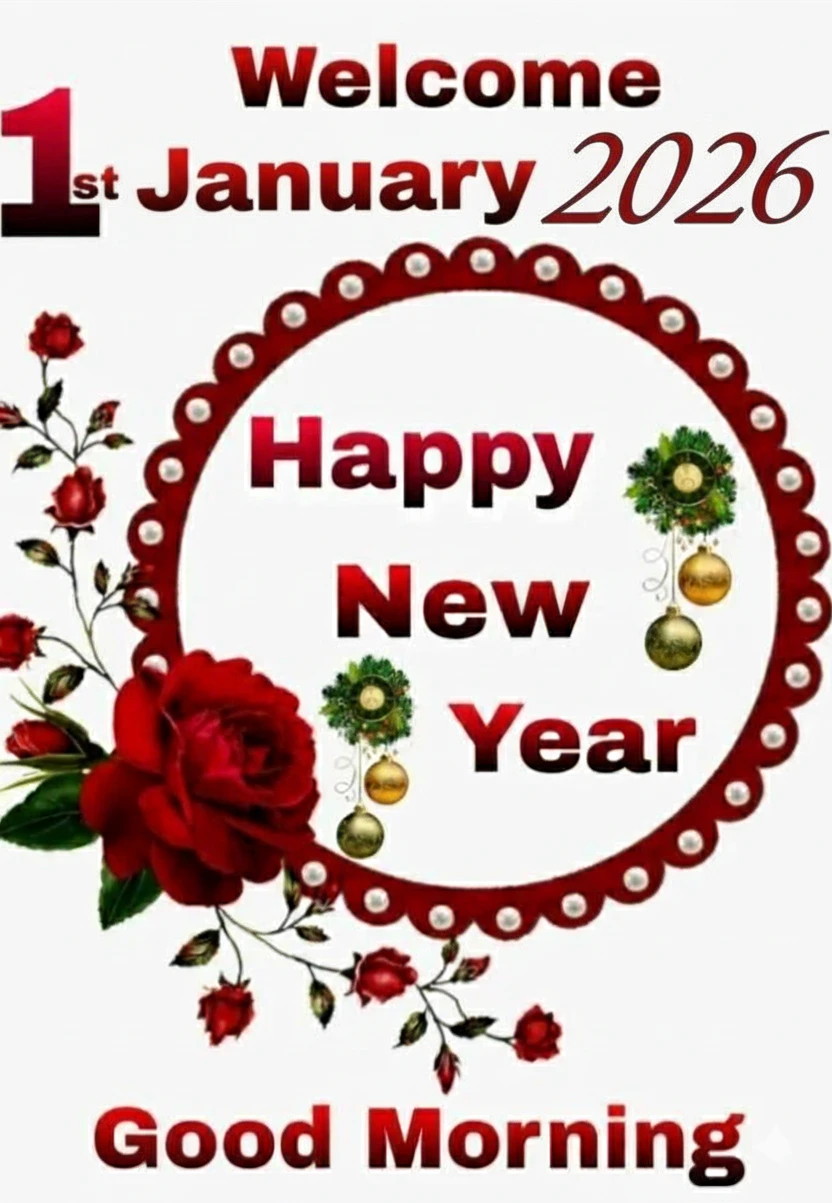 Welcome 1st January 2026, happy new year, good morning image red black white