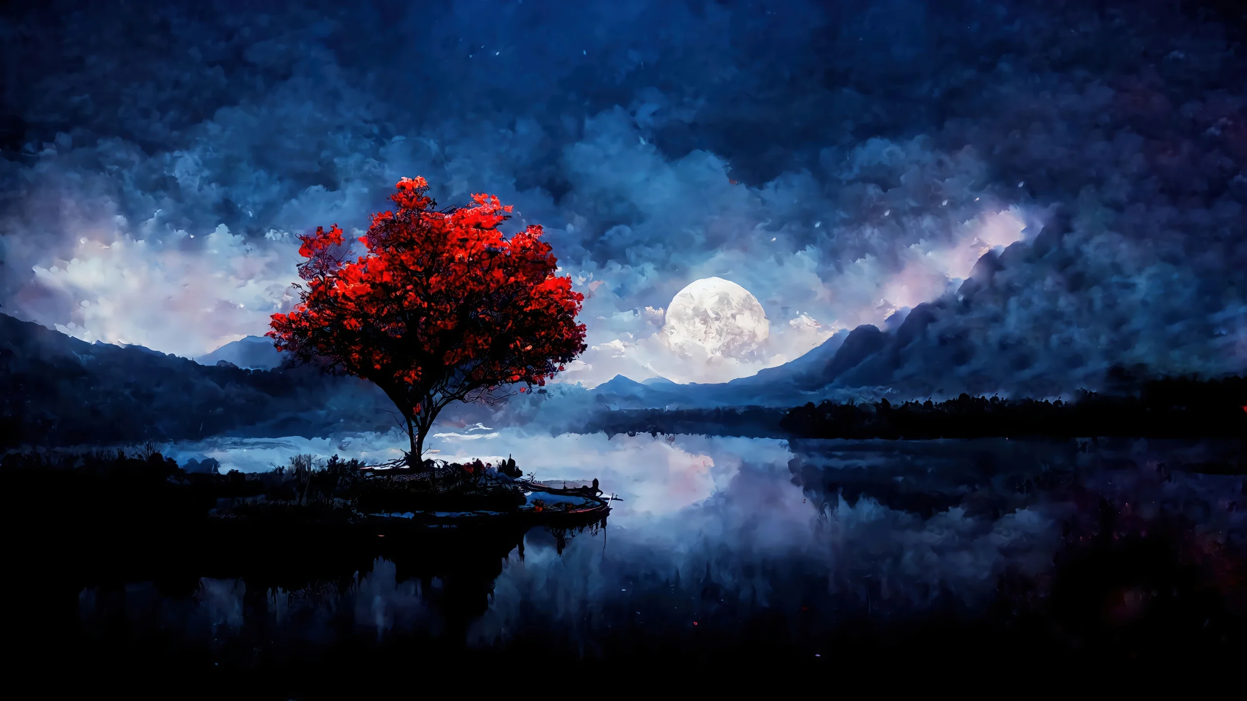 night moon lake tree mountain clouds scenery digital art 4k wallpaper