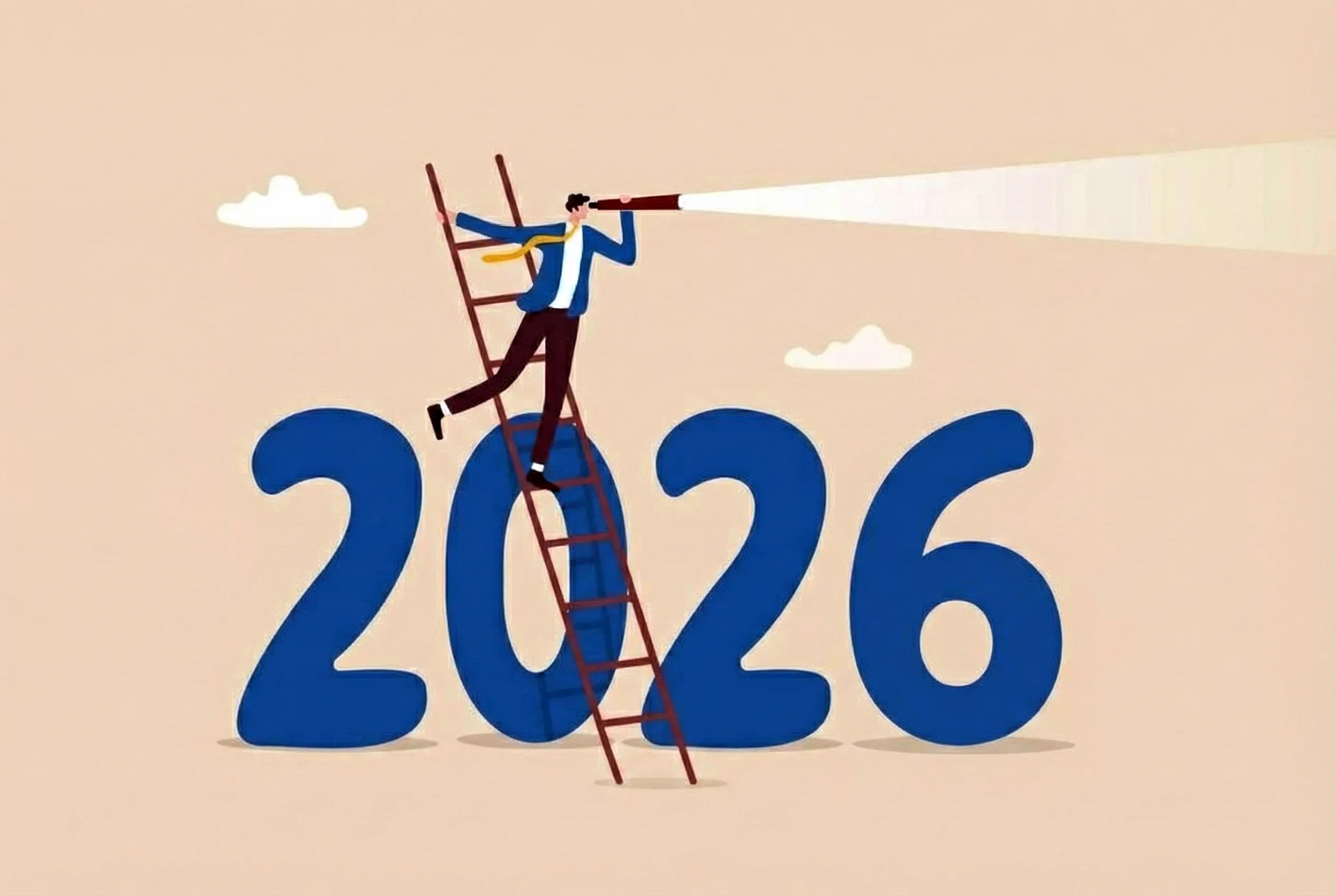 year 2026 business outlook forecast or plan ahead vision for future success new year goal or achievement company target or hope concept businessman climb up on year 2026 to see business outlook vector year 2026 business outlook forecast or plan ahead vision for future success new year goal or achievement company target or hope concept businessman climb up on year 2026 to see business outlook vector