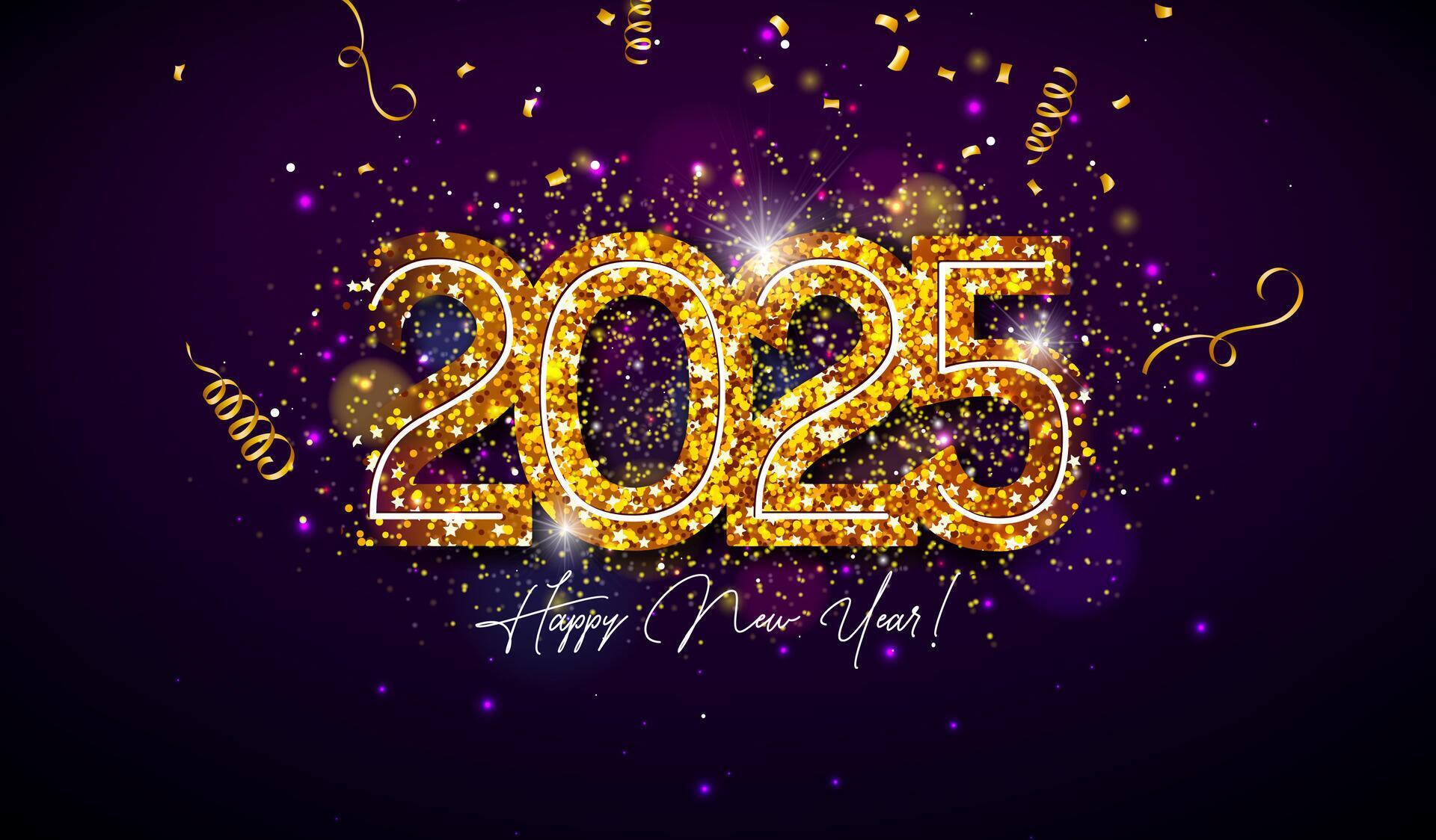 2025 happy new year illustration with gold glittered number and falling confetti on dark background christmas holiday design with typography lettering for flyer greeting card banner celebration vector