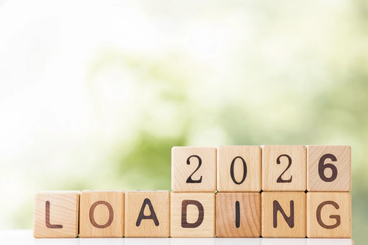 2026 New Year loading with wood cube progress bar creative background 2026 New Year loading with wood cube progress bar creative background