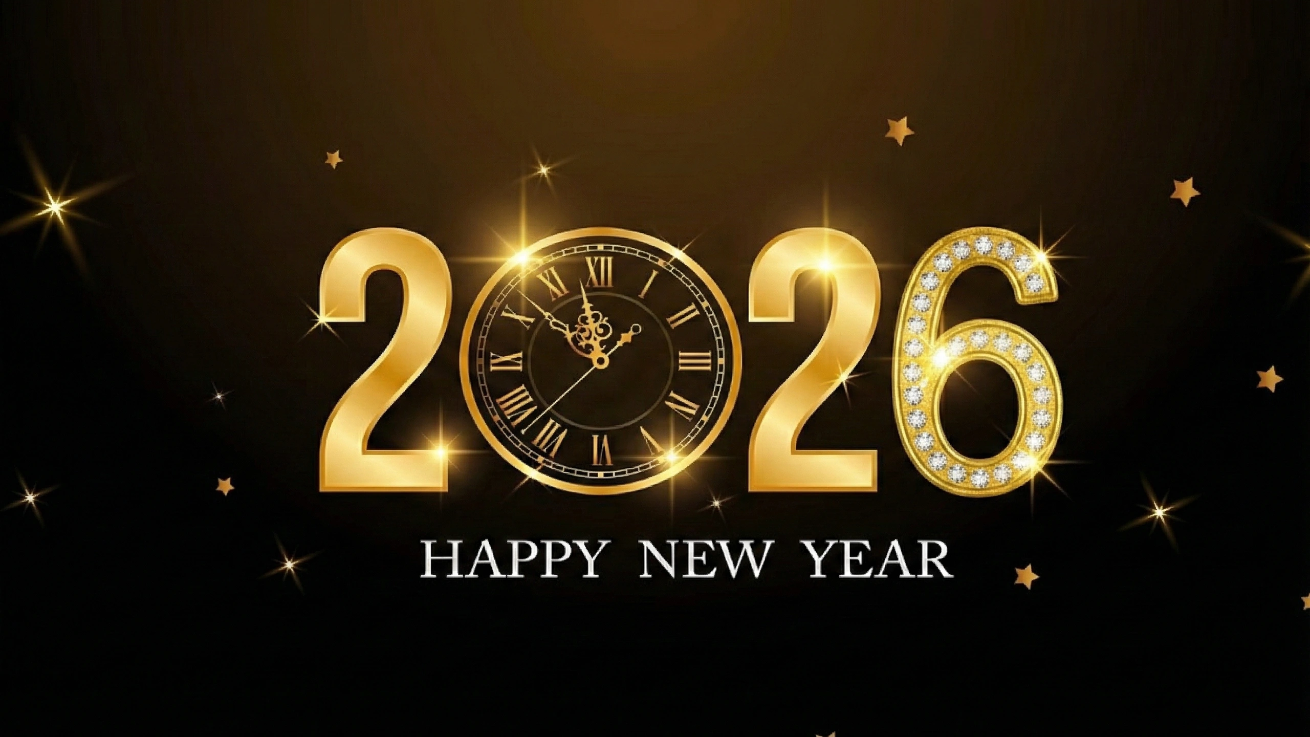 2026 happy new year with golden texture numbers clock and light 4k UHD Wallpaper
