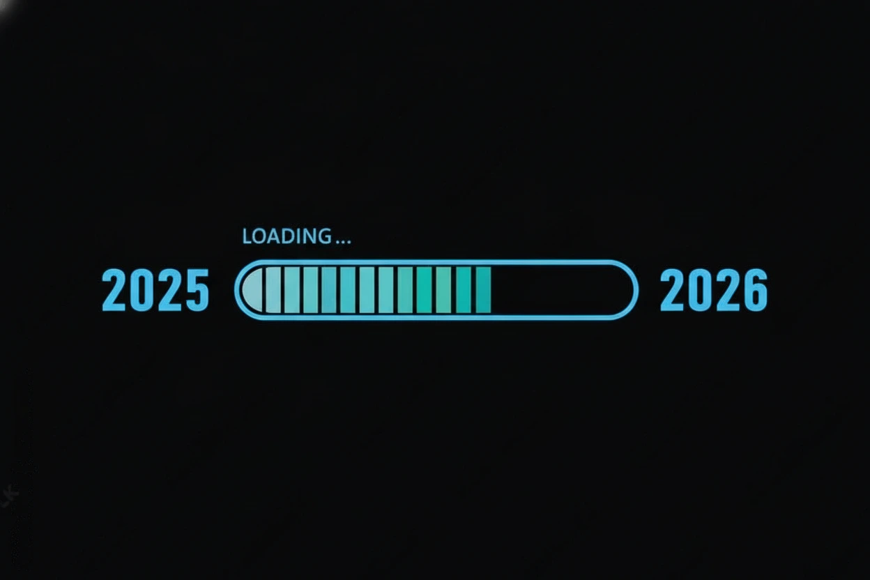 Blue loading bar from 2025 to 2026 on a black background New Year concept Blue loading bar from 2025 to 2026 on a black background New Year concept