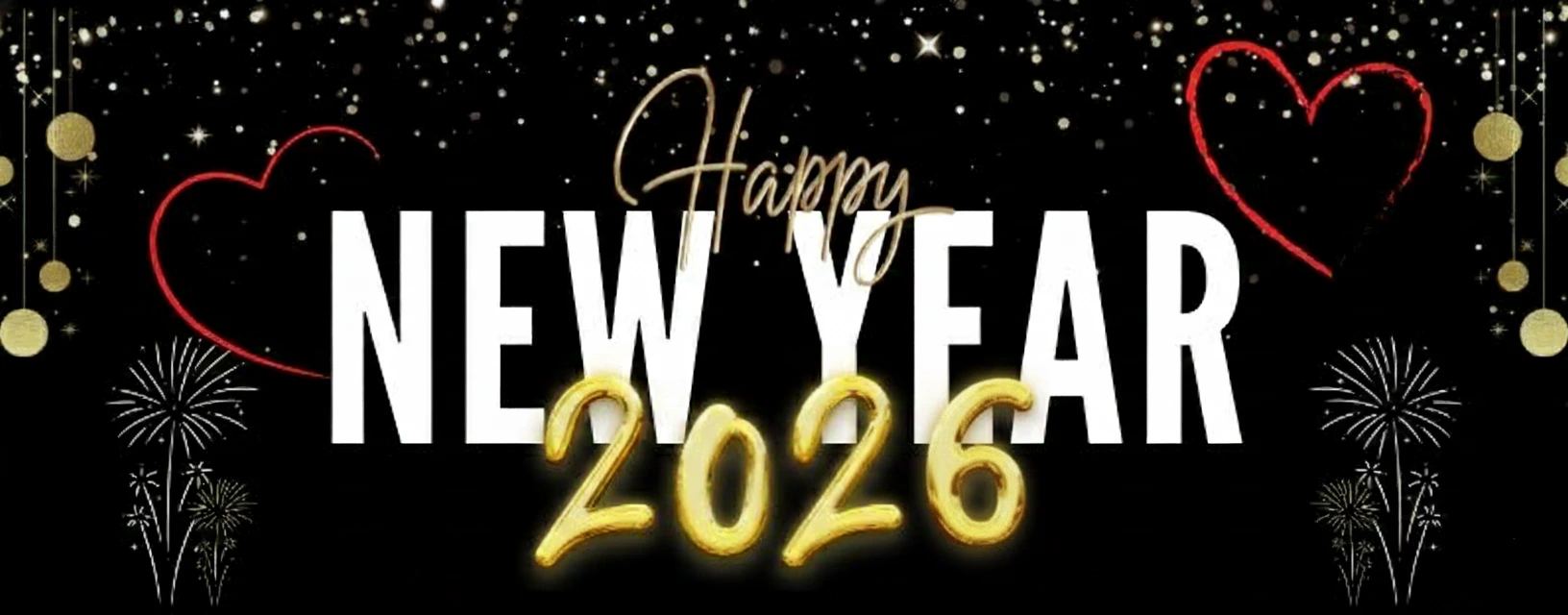 Happy New Year 2026 Facebook Cover Black and White with Hearts