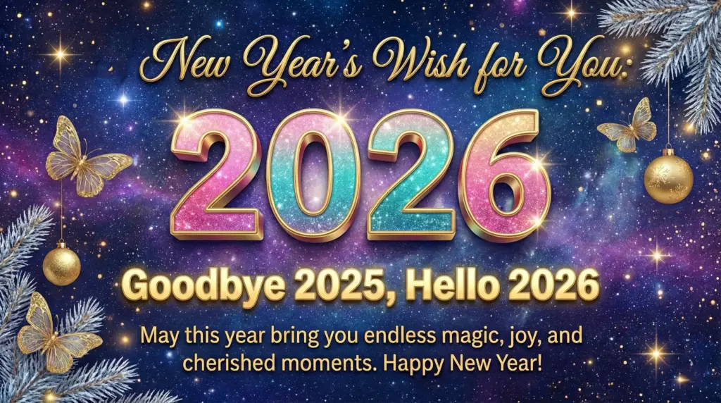 Happy New Year 2026 Greeting Card with Winter Snow and Ornaments