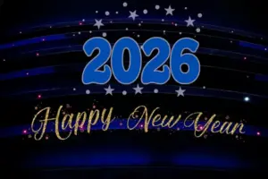 Happy New Year 2026 Wallpapers HD Images gold and silver letter on blue background