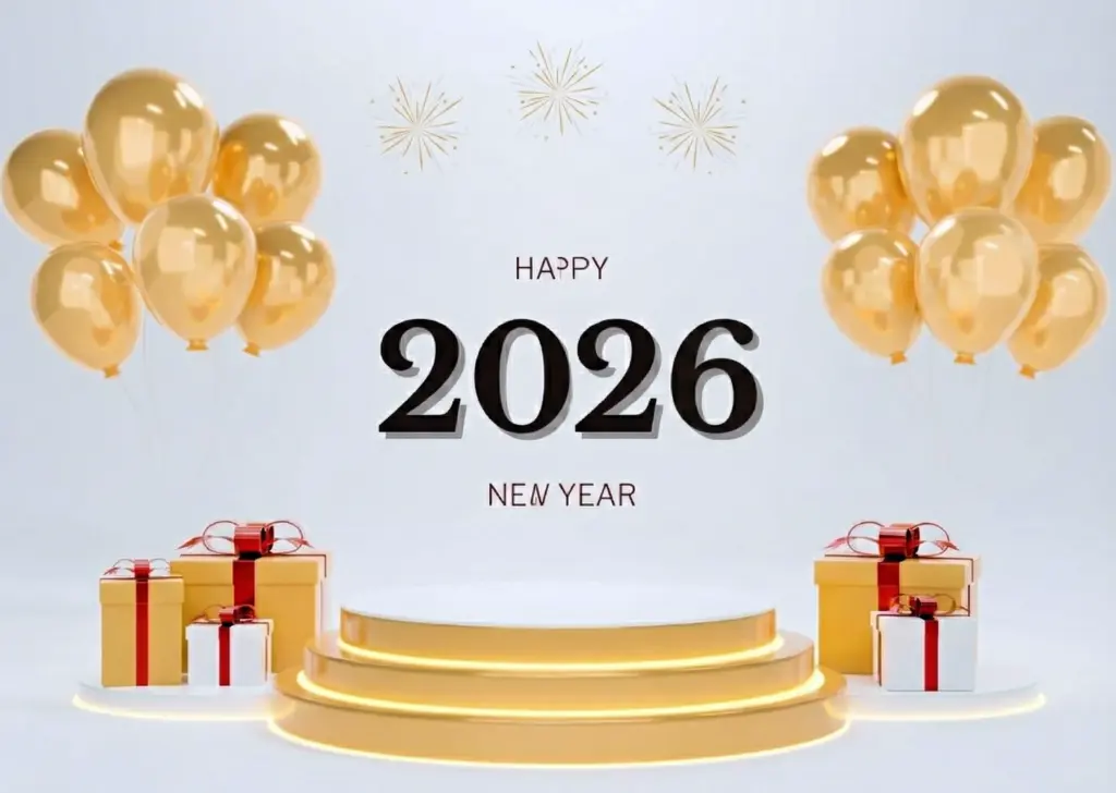 Happy New Year 2026 festive Silvester New Year's eve party background greeting card golden fireworks