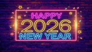 Happy New Year 2026 neon light on wall 4K UHD wallpaper download