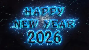 Happy New Year 2026 wallpapers with aqua color shadow effect on metal text. 4K Ultra HD image for desktop pc