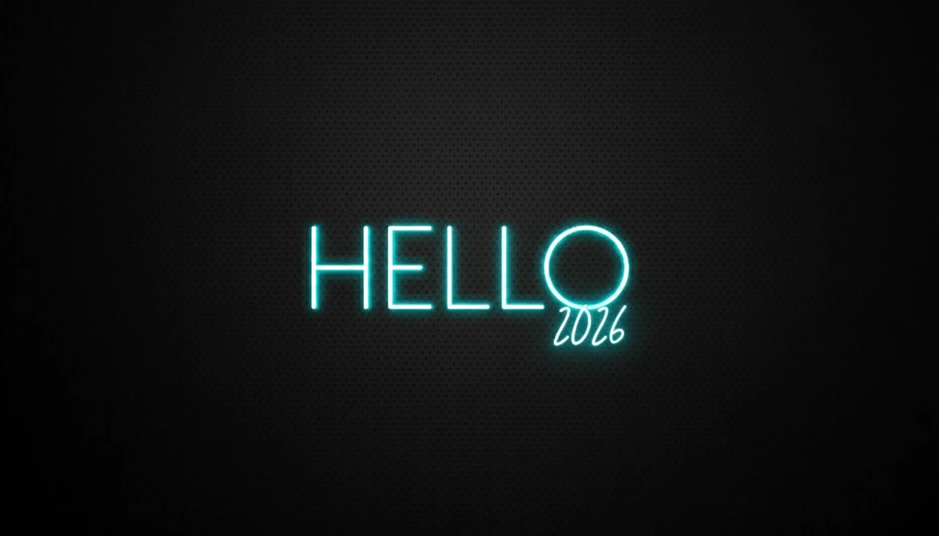 Hello 2026 black background with white neon latter