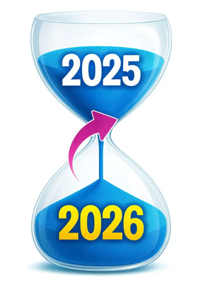 Hourglass Transition from 2025 to 2026 – New Year Concept