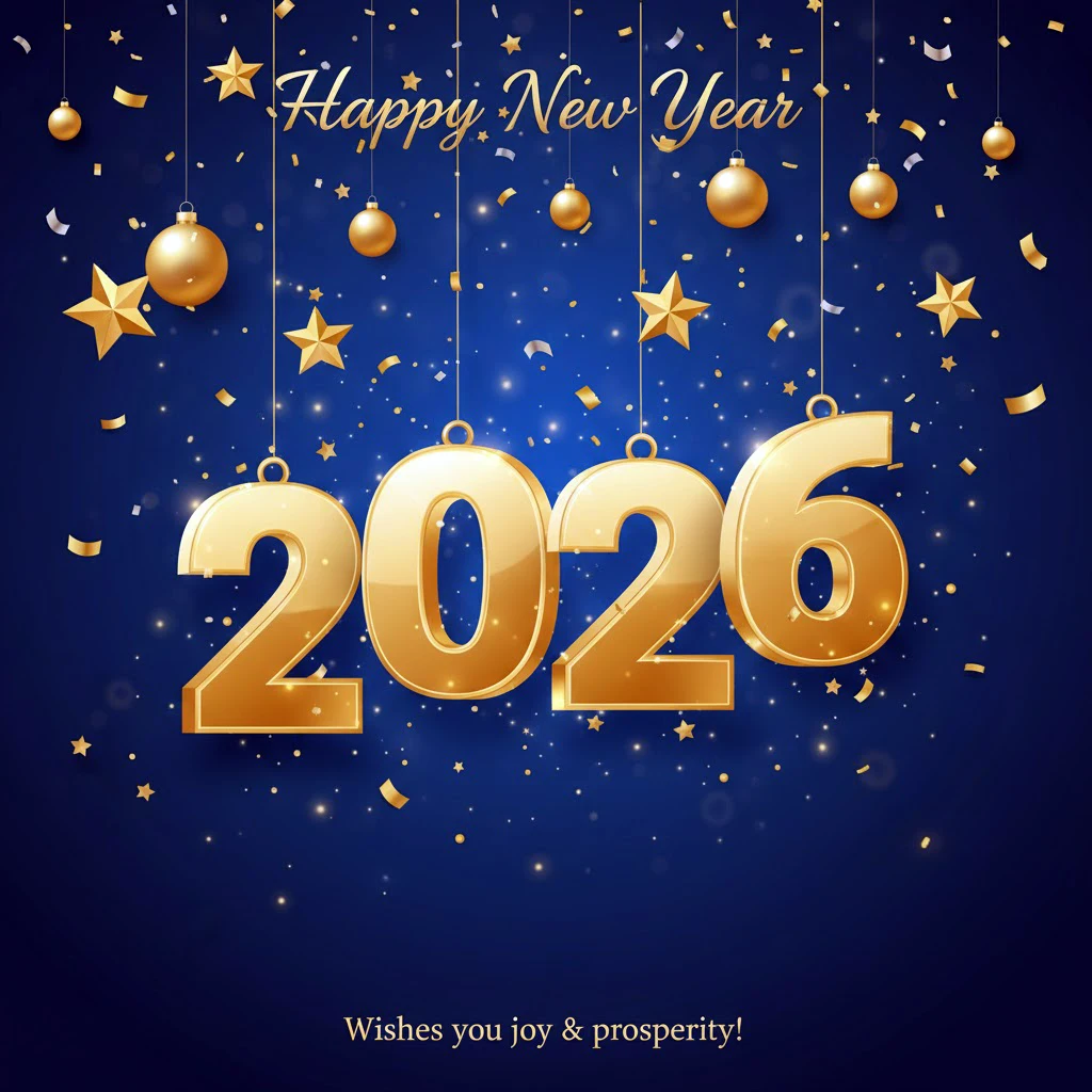 happy new 2026 year hanging golden metallic numbers 2026 with shining 3d metallic stars balls confetti blue background new year greeting card