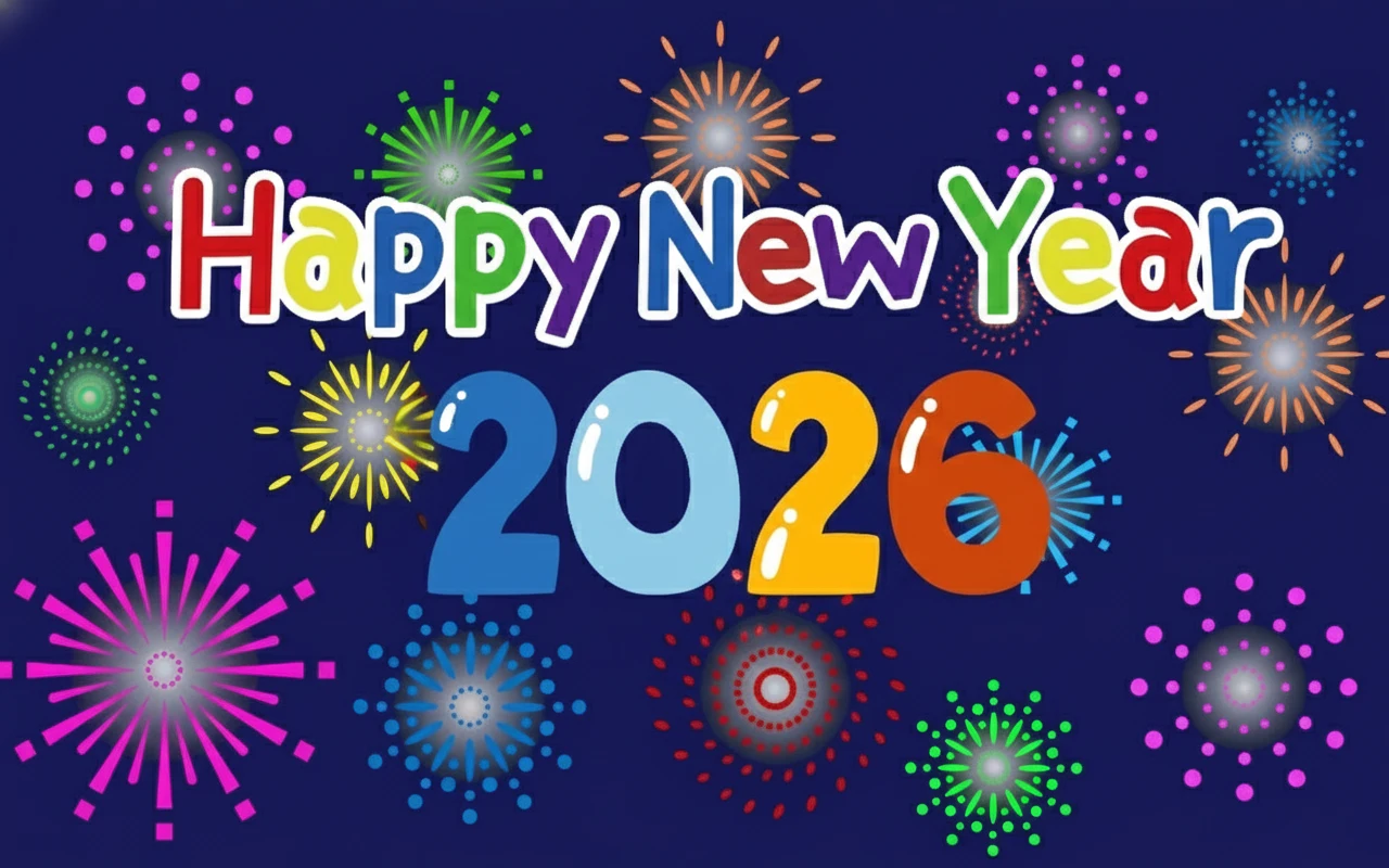 happy new year 2026 bright colorful fireworks flat geometric design holiday decor postcard happy new year 2026 bright colorful fireworks flat geometric design holiday decor postcard