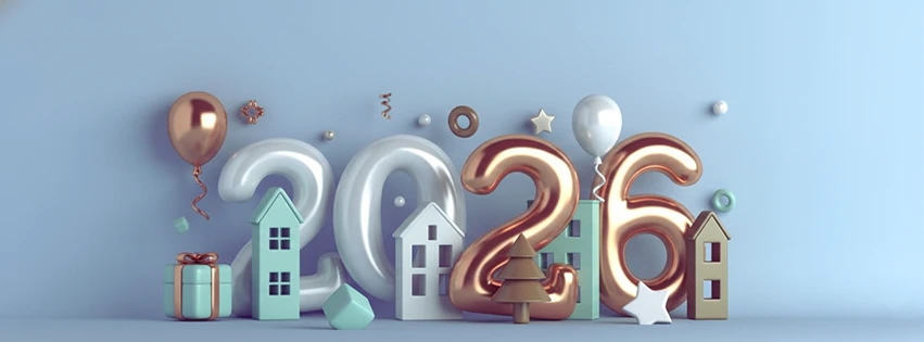 happy new year banner with gold 2026 numbers holiday illustration isolated red background