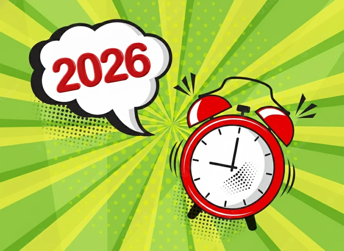 new year 2026 vector comic alarm clock with speech bubble comic sound effect pop art style new year 2026 vector comic alarm clock with speech bubble comic sound effect pop art style