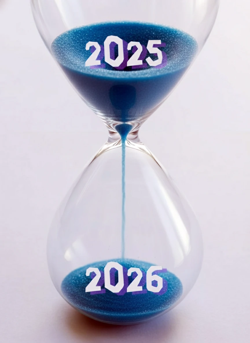 passing new year present 2025 future 2026 concept part hourglass falling sand taking shape years